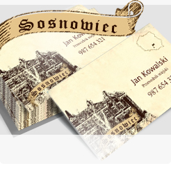 Wizytówka Sosnowiec z grafiką Pałacu Schöna w centrum