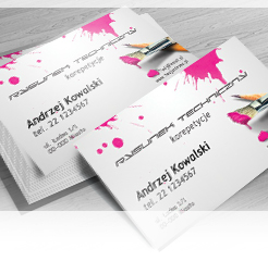 edytor wizytówek Fascynujący szablon z ołówkiem, pędzlem z farbą i różowymi kleksami